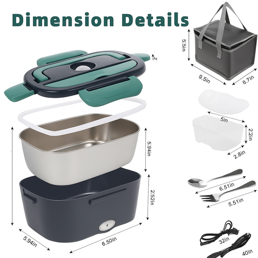 Lonchera Eléctrica Portátil Acero Inoxidable 2L | 12V - 220V | Incluye Accesorios y Bolsa Térmica
