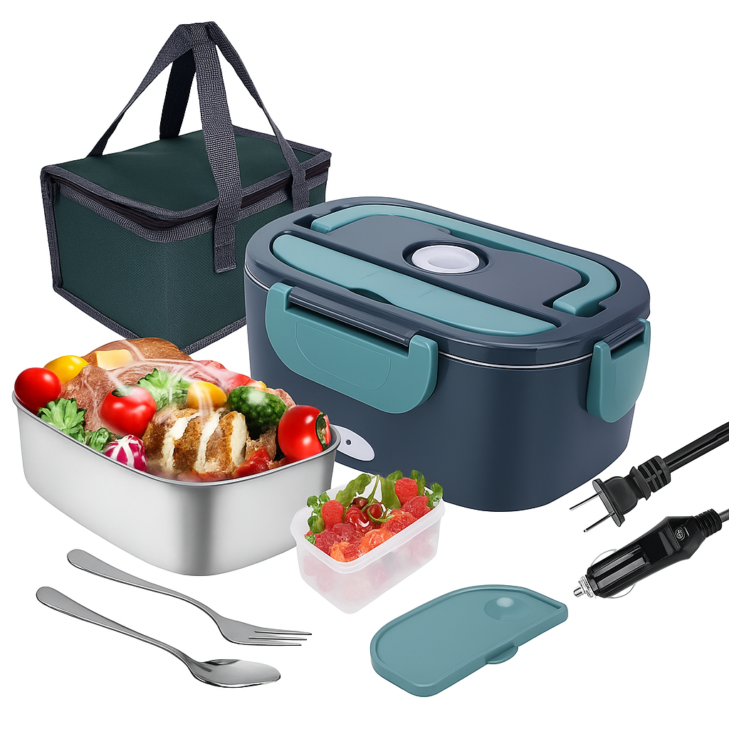 Lonchera Eléctrica Portátil Acero Inoxidable 2L | 12V - 220V | Incluye Accesorios y Bolsa Térmica